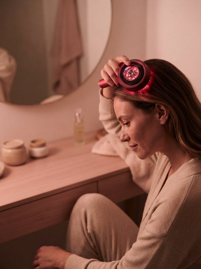 A person using an electric red light therapy scalp massager comb while sitting at a bathroom vanity during an evening routine